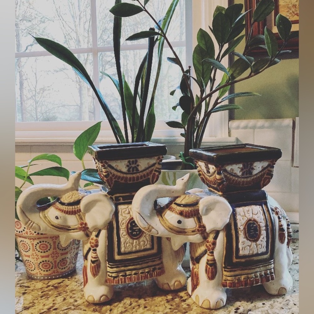 Vintage Chinese Lucky Ceramic Elephant Pair | Chinoiserie/ Majolica